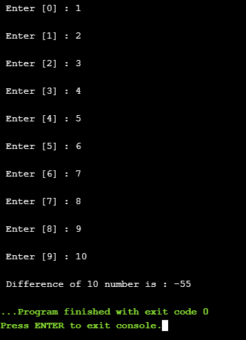 C++ code to print difference of 10 numbers